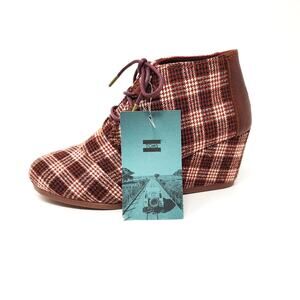 New Toms Womens 7.5 Shoes Kala Burgundy Plaid Wedge Ankle Booties Check Preppy